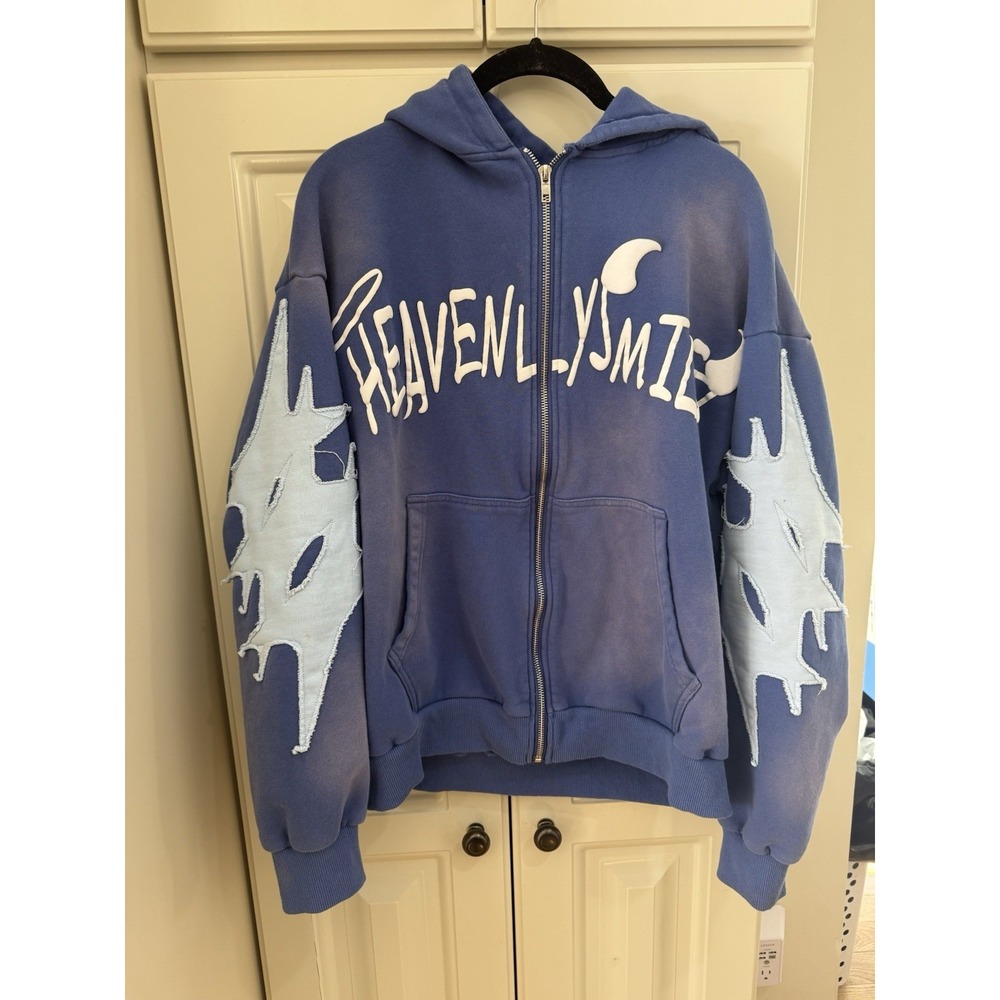 Y2K Vintage Heavenly Smile Zip Hoodie Angel Devil Graphic Streetwear Blue Sz S